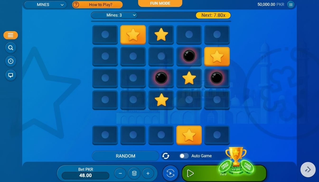 A Mines game interface with free spins elements overslaid against a Pakistani skyline